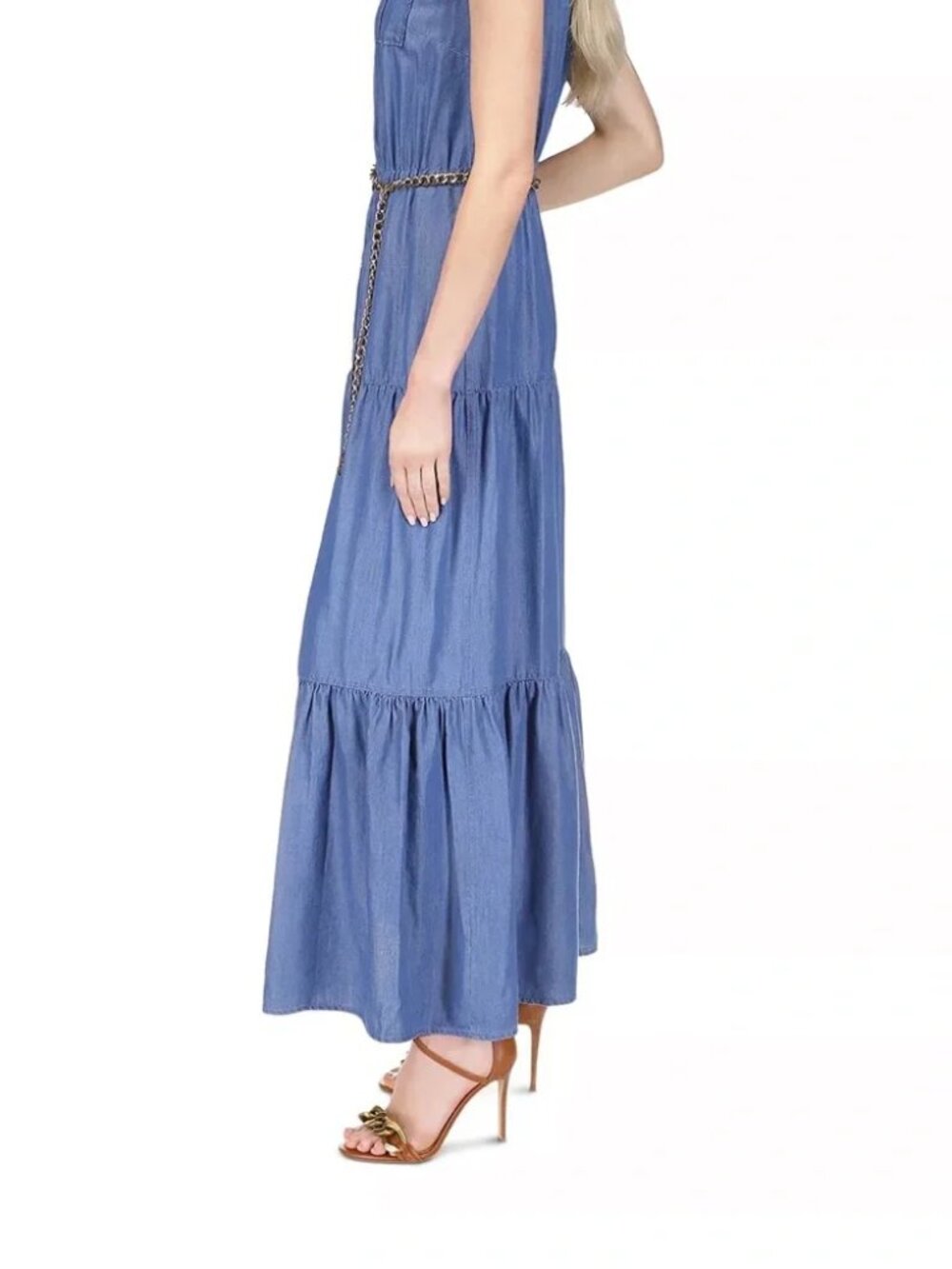 MICHAEL Michael Kors Sleeveless Tiered Chambray Maxi Dress in Blue XL - Picture 3 of 9